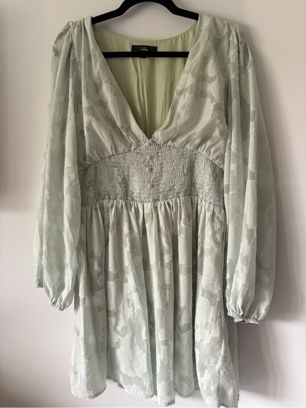 Lulu's Sage Green Long Sleeve Smocked Waist Mini Dress